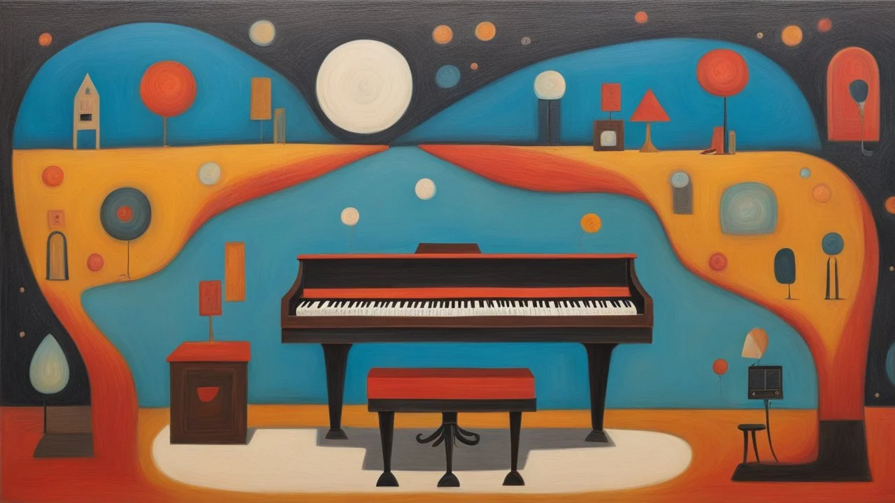 Lonely pianist, folk art surreal; mid-20th century naive art, abstract,