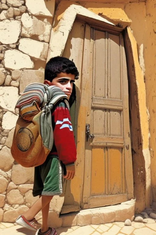 A Palestinian child carries on his shoulders a large bag with windows and doors