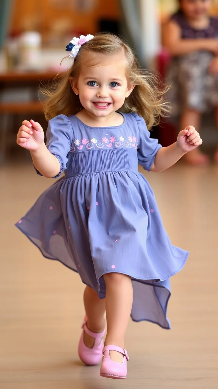 a pretty 3 years old girl with blue eyes and nice dress dancing and playing joyfully