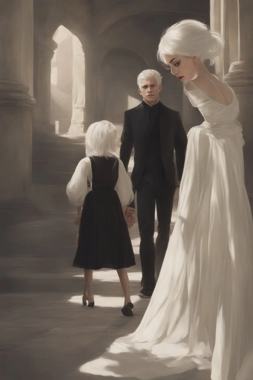 Woman with white hair wearing a white dress, walking down a sunlit stone hall, AND a handsome man in the background lurking in the shadows with long black hair