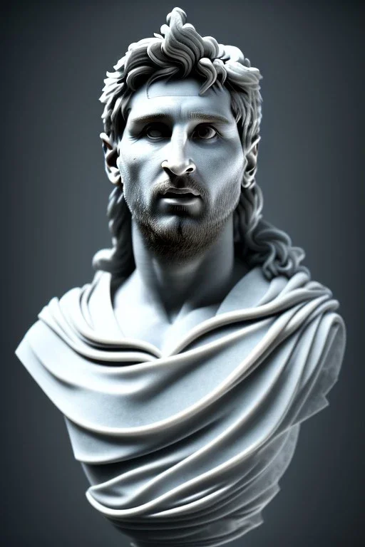 Ultra Realistic image, Roman sculpture, white marble material, Lionel Messi, sun radial crown, chisel style, waist up portrait, epic, celestial, cinematic lighting, God light, god rays, 4k resolution, smooth details, ornate details, soft lighting, unreal engine 5, marble background.