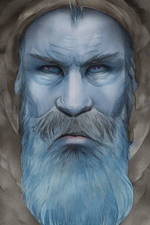 portrait, watercolour, illustration, dnd, fantasy, dwarf, beard, square face, ghost, ethereal, blue skin, glowy skin, see-through, angry