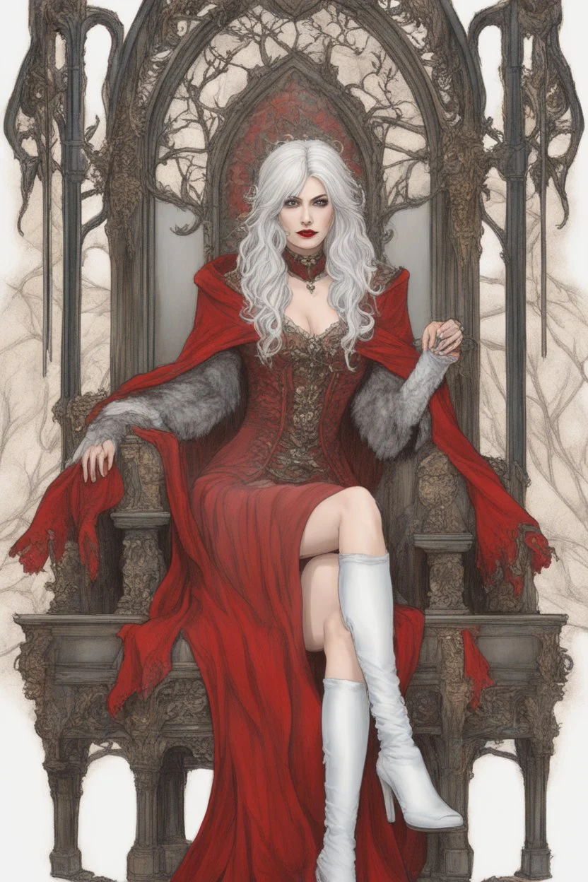 Beautiful white haired Vampire queen on her throne, drawing. Wearing a red cloak with a fur collar