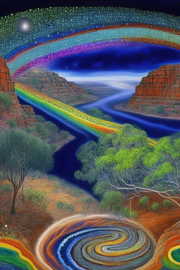 Dreaming Dreamtime Everywhen world-dawn ancestral past ancestral present unfixed in time abiding events serpent rainbow flat earth heavy rainstorms hills gorges creeks rivers kimberley