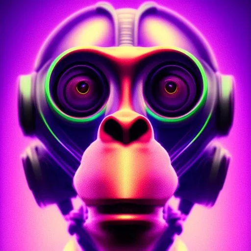 A beautiful portrait of a cyborg monkey purple neon color scheme, high key lighting, volumetric light high details psychedelic background