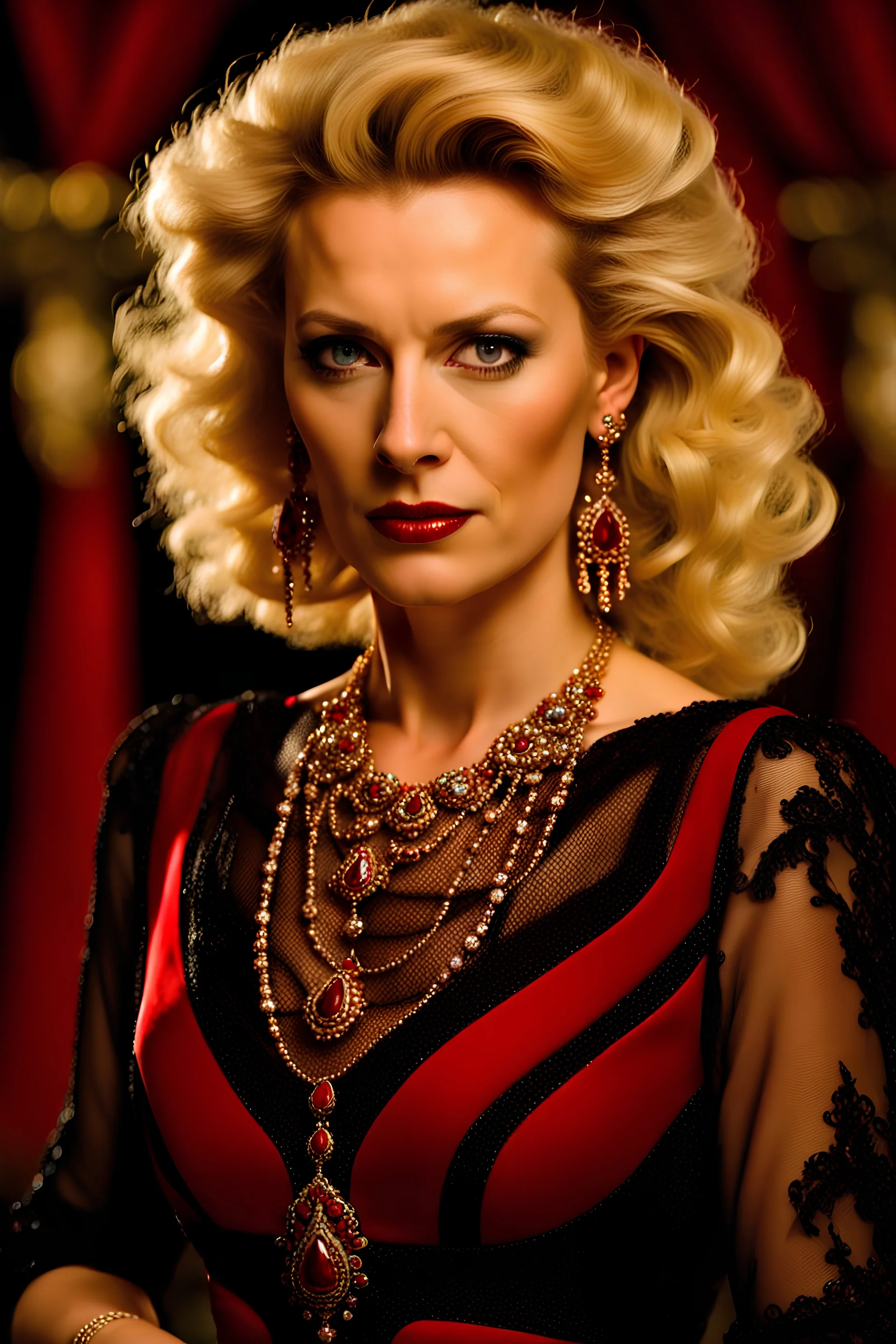 Ultra hd Portrait photo of Countess catharina von hogeln, 40 years old, strict, commanding, dominant, blonde, rich mistress, jewelry, decolletage, red-black dress. Background: her opulent palace.