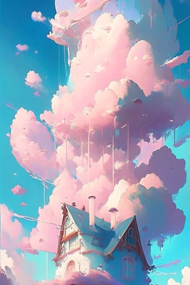 A whimsical dwelling delicately constructed entirely of real clouds evocative of a dreamy landscape floating somewhere between heaven and earth, Dreamy, Pastel colors, Vibrant lighting, Highly detailed, Digital painting, Artstation, Concept art, Magical, Sparkling, Enchanting, art by victoria skitt, pascal campion, Loish, Trending on deviantart.