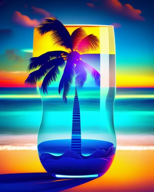 Stunning conceptual beach scene illustration in cocktail glass silhouette. Beach with vibrant colors, sunset sky and coast with palm trees. Cinematic black background, the glass looks like a window to a tropical paradise.12k 3D HD hyper-realistic Image quality CodeFormer AI 12K, cute flower fairy with bright wings like morning dew, flutters from flower to flower. Hair in curls,adorned with petals and pollen, mysterious phoenix woman,her silhouette made with interconnected and integrated elements