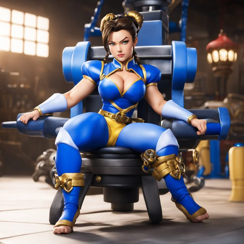 [high res photo] This is chun li from street fighter with her iconic outfit, bound to a machine chair. her hands are bound to the arms of the chair, her feet to the bottom of the chair, spread. toys in the background, there is a rolling pin on her lap