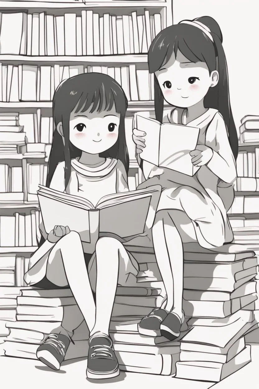 Little girls sitting together, reading books with rectangular-shaped pages. Incorporate rectangles for the books, bookshelves, and cozy reading nooks.,very happy , Colloring page for todlliers ; basic hawali style cartoon , black and white , ink outlines , , smooth , anime style , minimalist , cute eyes , full body , white shose , sketchbook , realistic sketch , free lines , on paper , character sheet , clean line art high detailed