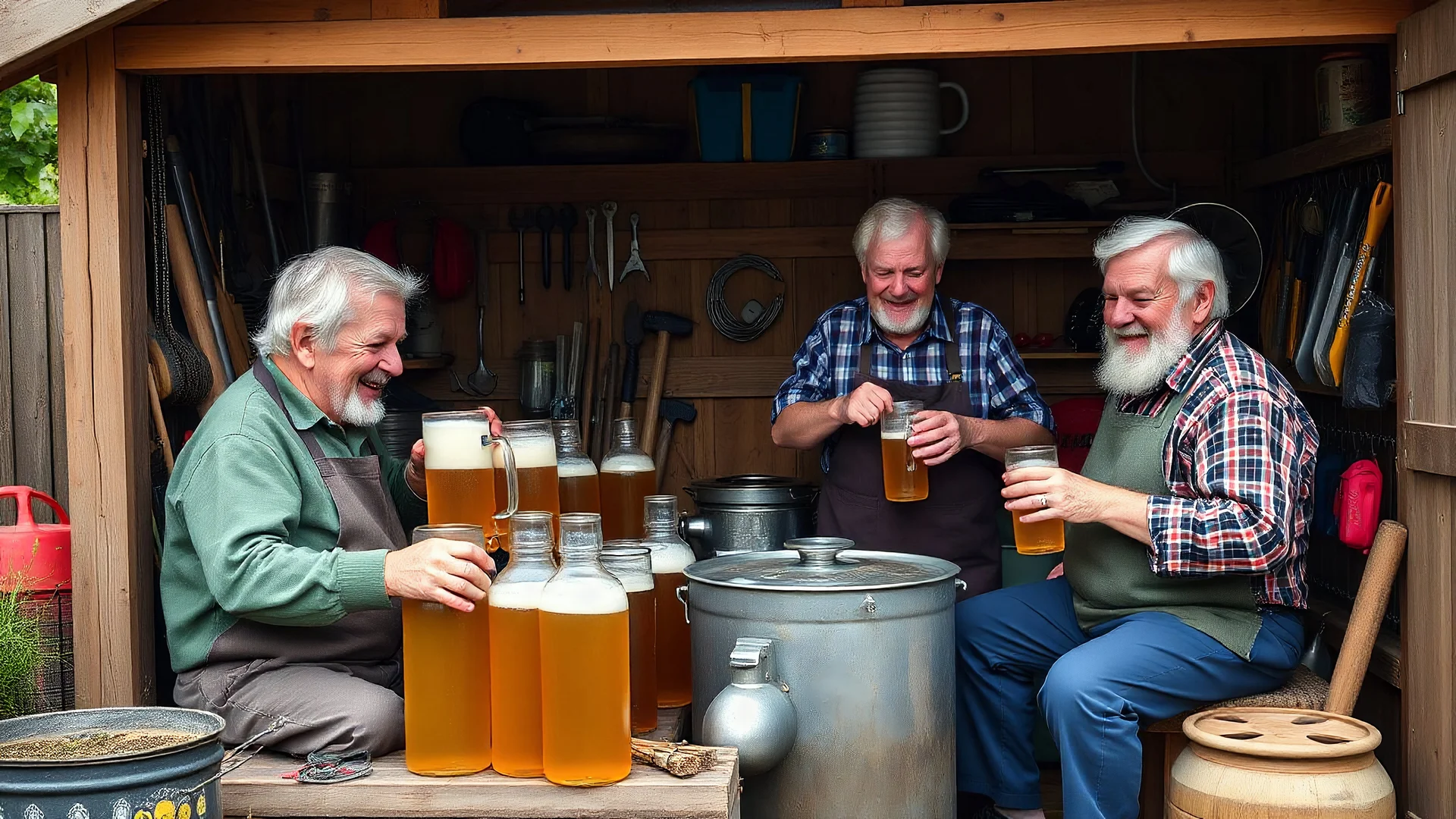 Elderly pensioners on making several gallons of beer in the garden shed. Gardening tools, beermaking equipment, DIY items are stored in the shed. Everyone is happy. Photographic quality and detail, award-winning image, beautiful composition.