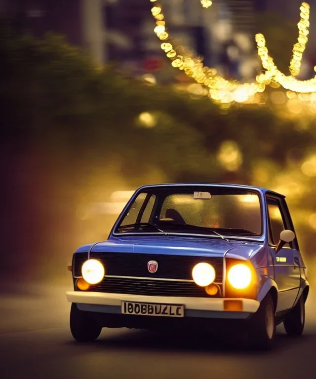 fiat 126p, city. high speed. bokeh. lens flare. warm lights. high detailed