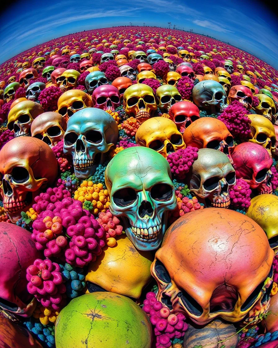 a field of skulls, multi colored, bright, vivid, psychedelic, high detailed, matte, bunches and bubbled up clumps, horrorcore, vines, unsettling contrast, through a fisheye lens