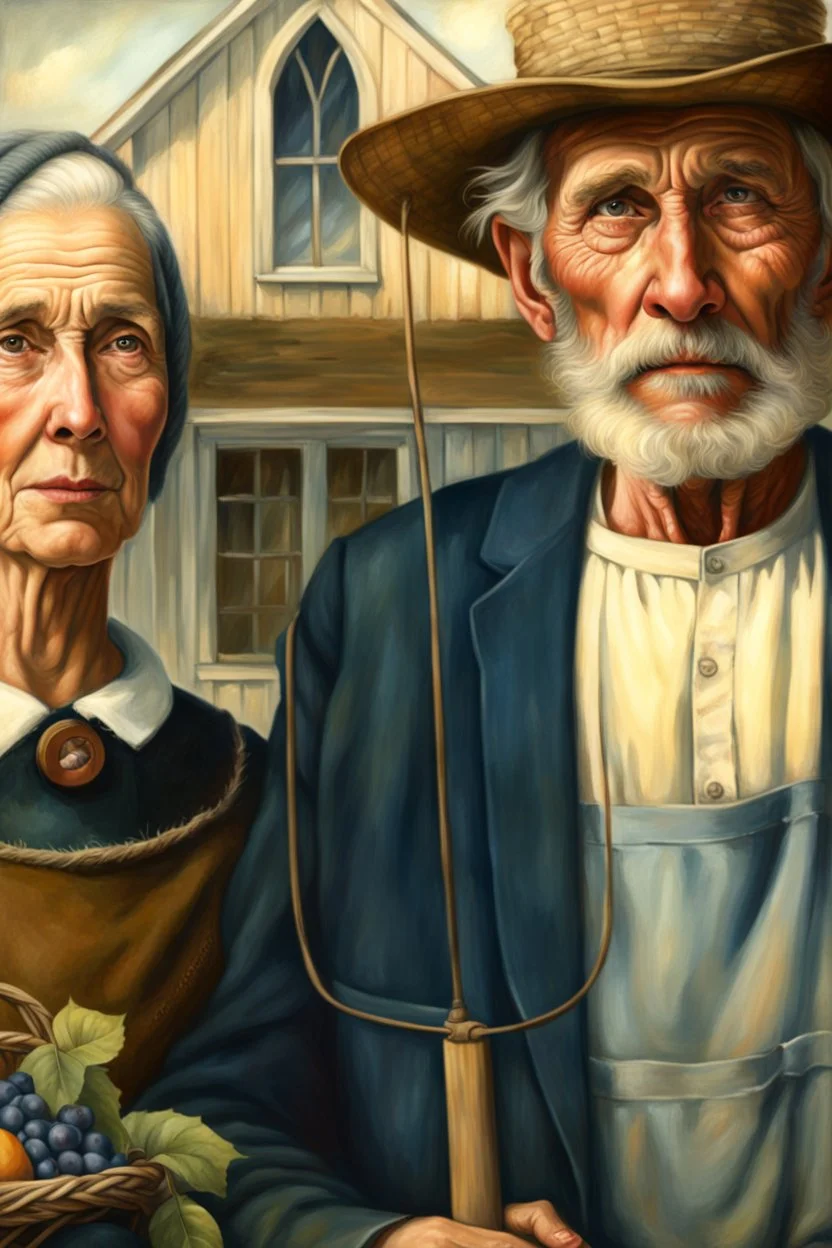 Color Portrait of an old Appalachian farmer couple early 1900s, beautiful painting with highly detailed face by greg rutkowski, Lee Jeffries, magali villanueve Modifiers: extremely detailed oil on canvas photorealistic New Age: American Gothic An elderly couple in vintage farm attire stand before a barn, the woman holding a basket of fruit and the man clutching a pitchfork.