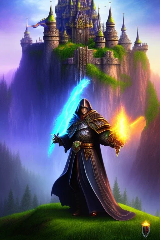 Powerful wizard using green magic, wearing dark cloak, castle in background on mountains