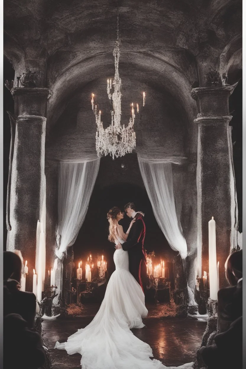 Vampire wedding, in a dark castle, firelight, candles