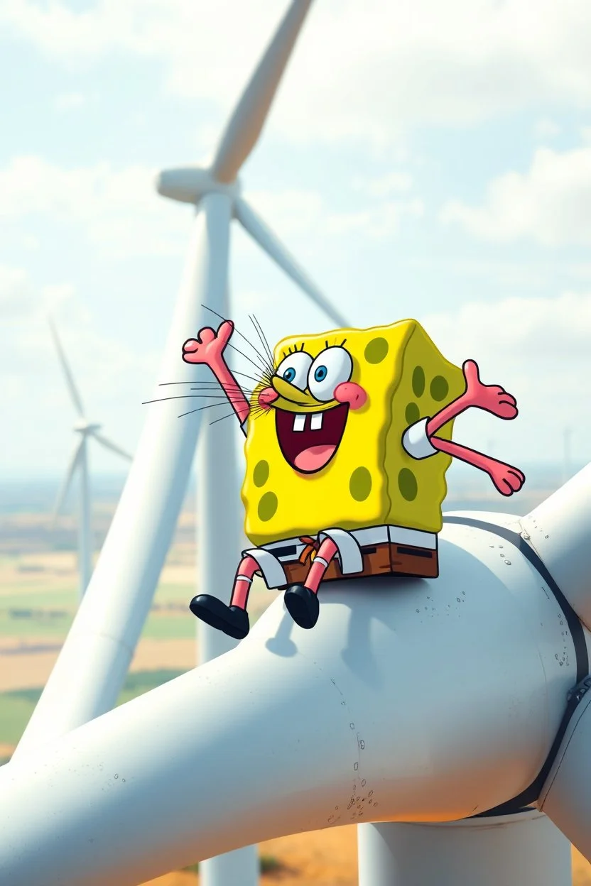 Patrick from Spongebob sitting on the blade of a wind turbine, with speed and wind hitting him in the face, wind farm in the background