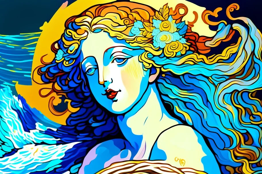 colourful digital painting of beautiful aphrodite, in the style of hokusai and van gogh