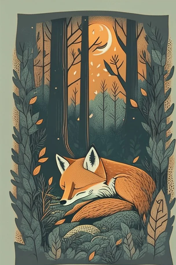 in a cosy vintage style, a fox sleeps in a forest