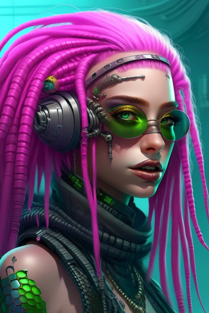 mermaid cyberpunk some fish scales on face pink hair dreadlock sunglasses gem in front