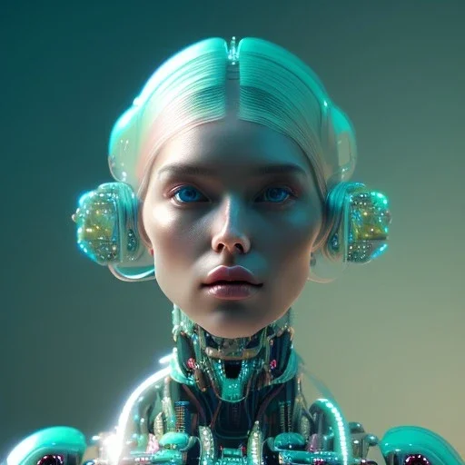 A portrait of a crystalised robotic women, atmospheric, realistic, unreal engine, cinematic lighting, octane render, transoarent, pink turquoise light