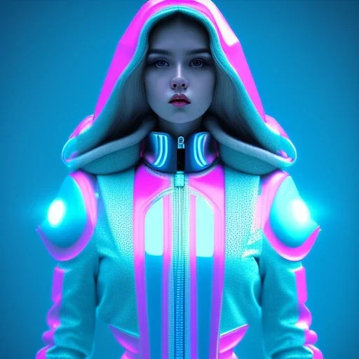 latin woman teenager, padded coat, retro futuristic, latex dress, gradient color, BLUE, PINK, CYAN, neon, insanely detailed, 16k resolution, perfect eyes, cinematic smooth, intricate detail