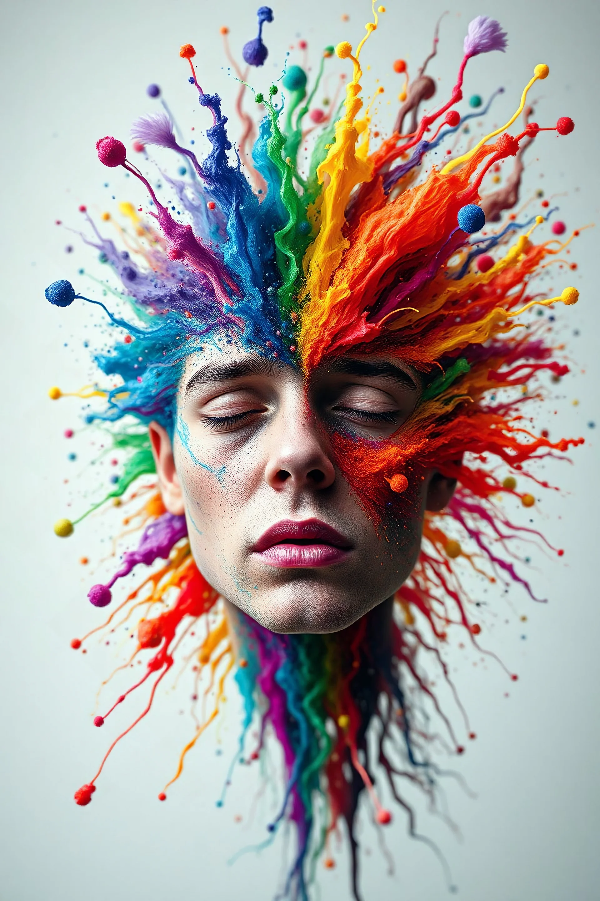 Here’s the prompt for number 6 in English: **"A human face with vibrant colors flowing outward in all directions, resembling an explosion of mixed emotions. The image includes details that reflect sadness, joy, and mystery, blending seamlessly into a surreal and expressive scene."** This prompt aims to capture the complexity and dynamism of human emotions through a surreal artistic representation.