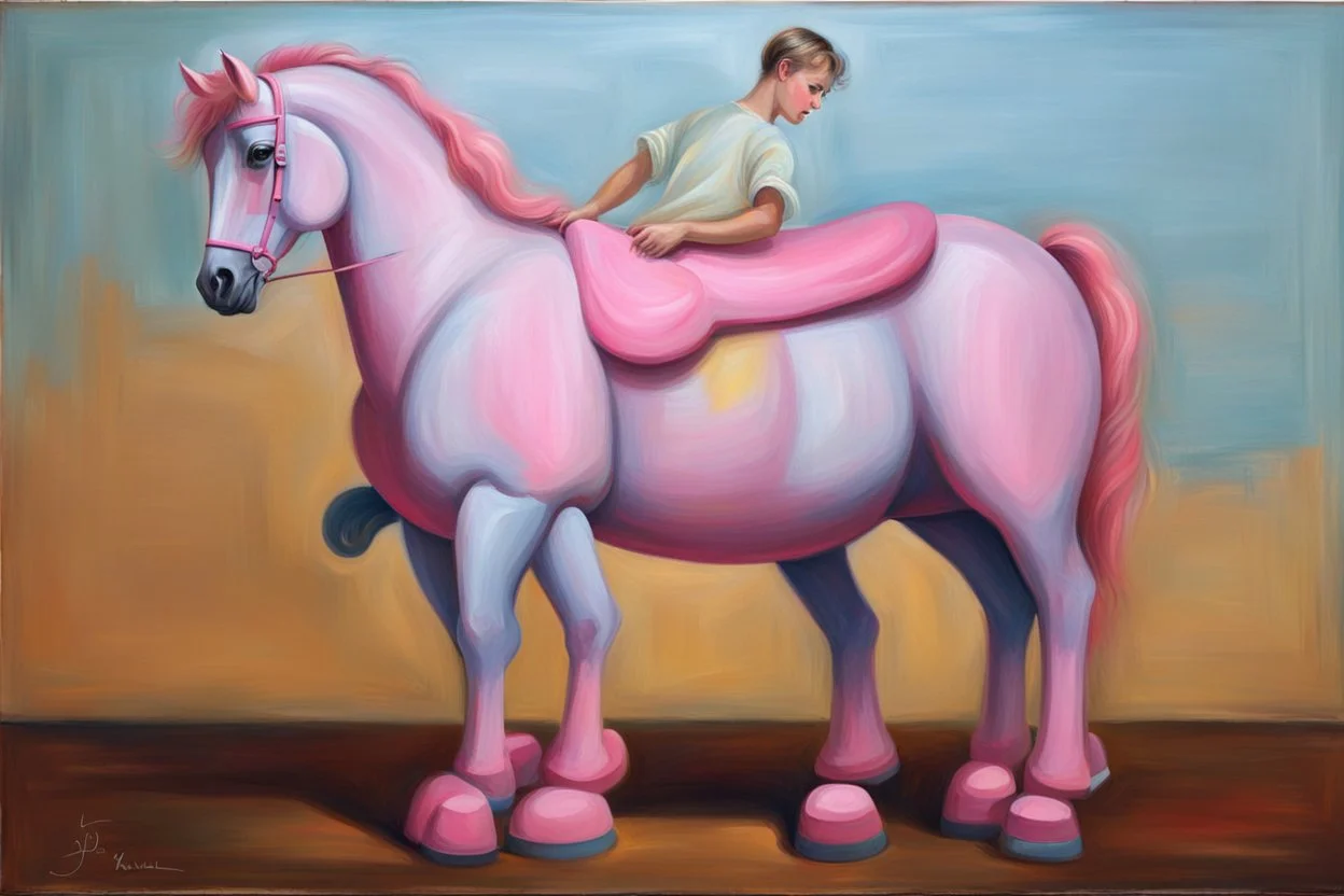 Big pink toy horse.19th painting