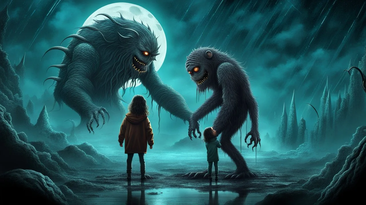 gentle, protective monster protects and hugs the alone sad child against bad high dark evil people, random background random, deep dark color, , moon, mist, rain, highly detailed, weird , surreal dark fantasy mood style like T. Burton