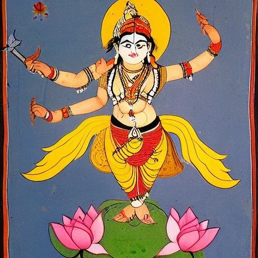 cow with wings holding a lotus and dagger in Indian painting style