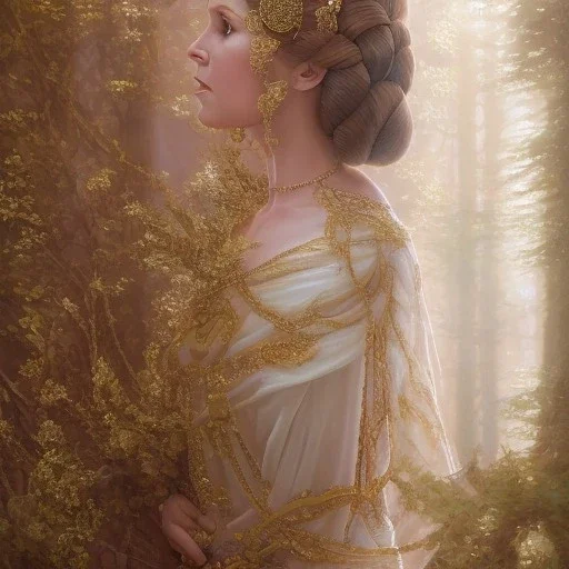 hyperspace background, complete and photo realistic detailed head to waist stunning photo realistic portrait of carrie fisher as Princess Leia in star wars with photo realistic updo hair by Mandy Jurgens and mucha and Richard Schmid and chuck close and chie yoshii, extraordinary and detailed ceremony dress of star wars,brown eyes