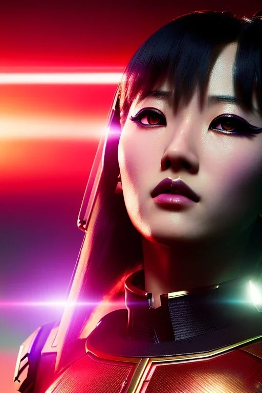 Futuristic Manga warrior, portrait from waist up, intricate eyeliner, vibrant eyeshadow, clear completion, soft lighting, 4k resolution, intricate details, insanely detailed, colorful cityscape background, masterpiece, expert, cinematic smooth, retroanime style, realistic details, no helmet