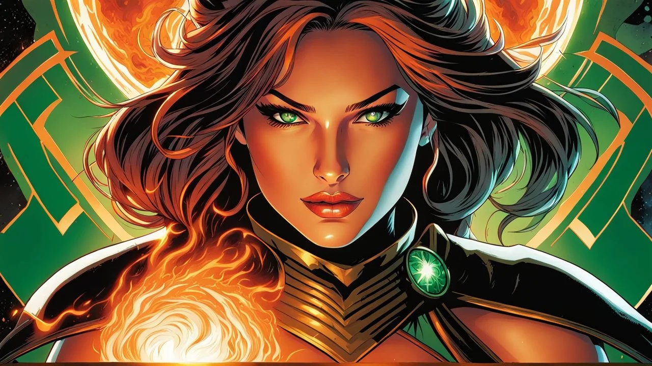 Armageddon. ragnarok. molten lava. 18 year old female sorcerer. fantastic beautiful emerald eyes. green and orange fire. Mark Brooks and Dan Mumford, comic book art, perfect, smooth