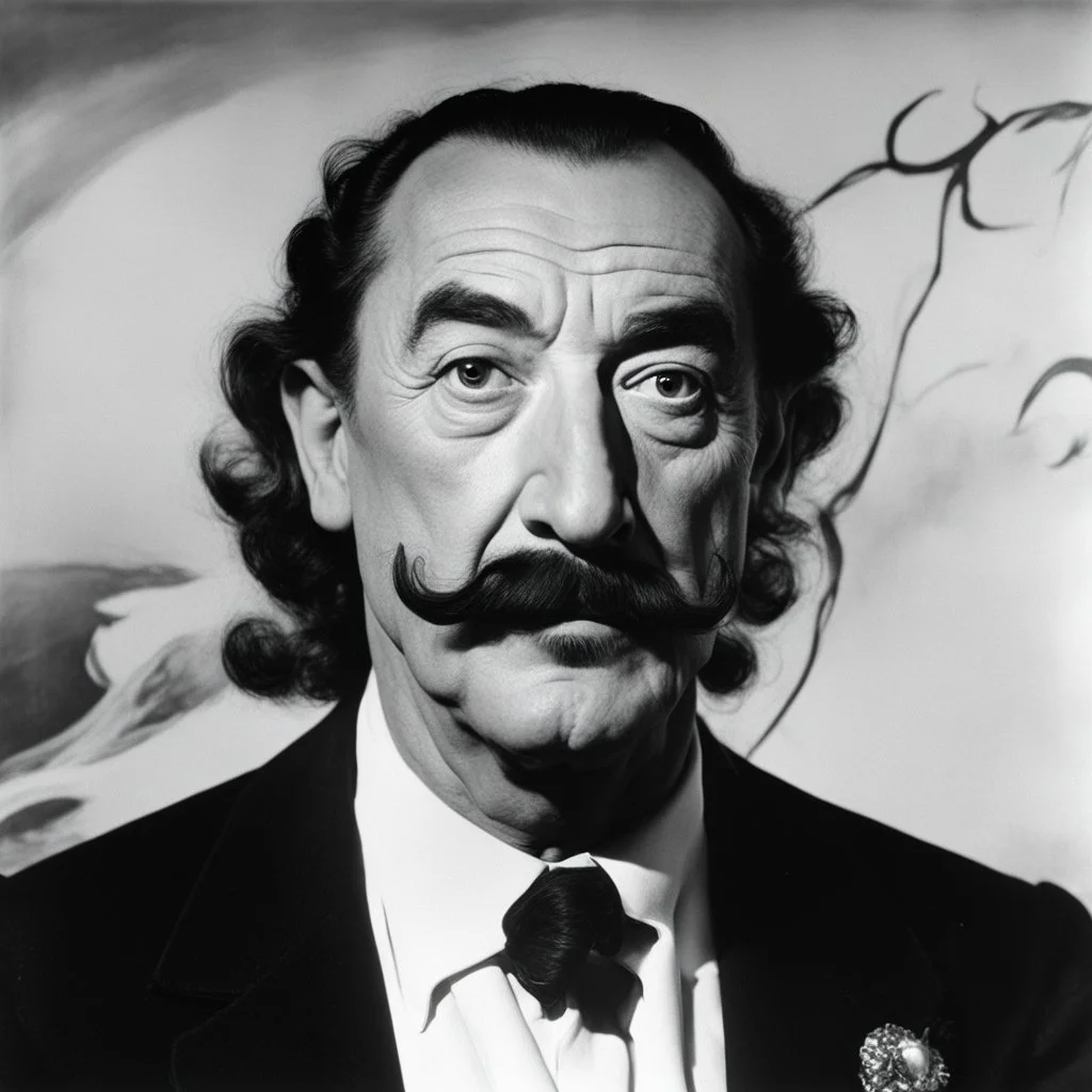 Salvador Dali a de longues moustaches, il a une immense toile barbouillée derrière lui