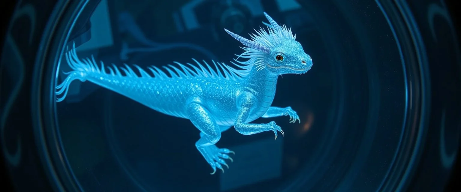 The image depicts a fantastical scaly glitter dragon squid squirrel snow soup, specifically a transparent with neon plasma aura, with a unique and whimsical appearance. The dragon is positioned in a circular frame, which suggests it might be inside a container or a vessel. The body is elongated and has a segmented appearance, with a detailed texture that gives it a realistic look. Its head is covered with white, spiky hair, adding to its fantastical charm. From the weird dragon lab.