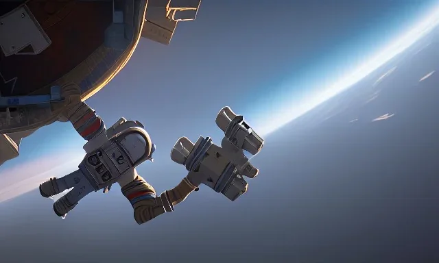 a astronaut repairing iss, a shot from far away