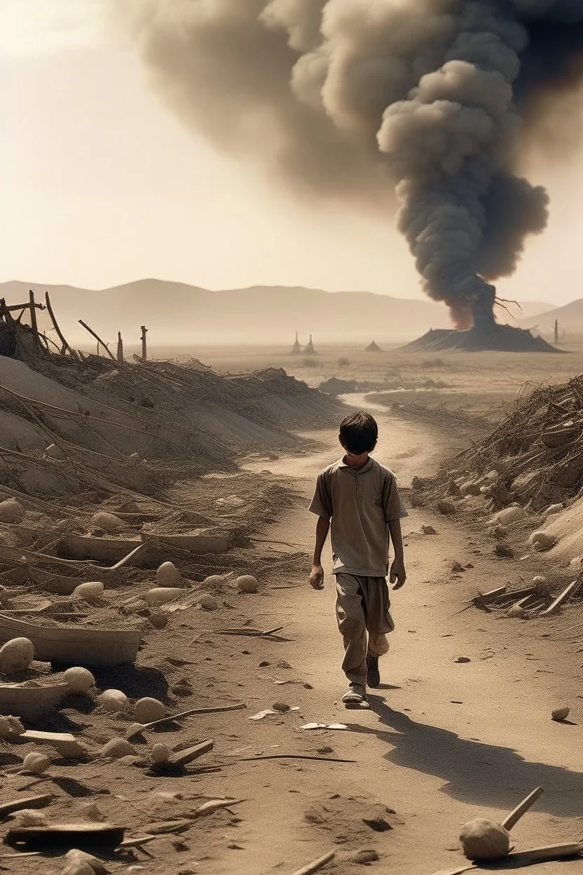 A 25-year-old wounded boy is walking in the desert with his head down, smoking a cigarette, and the scene of destruction is happening behind him