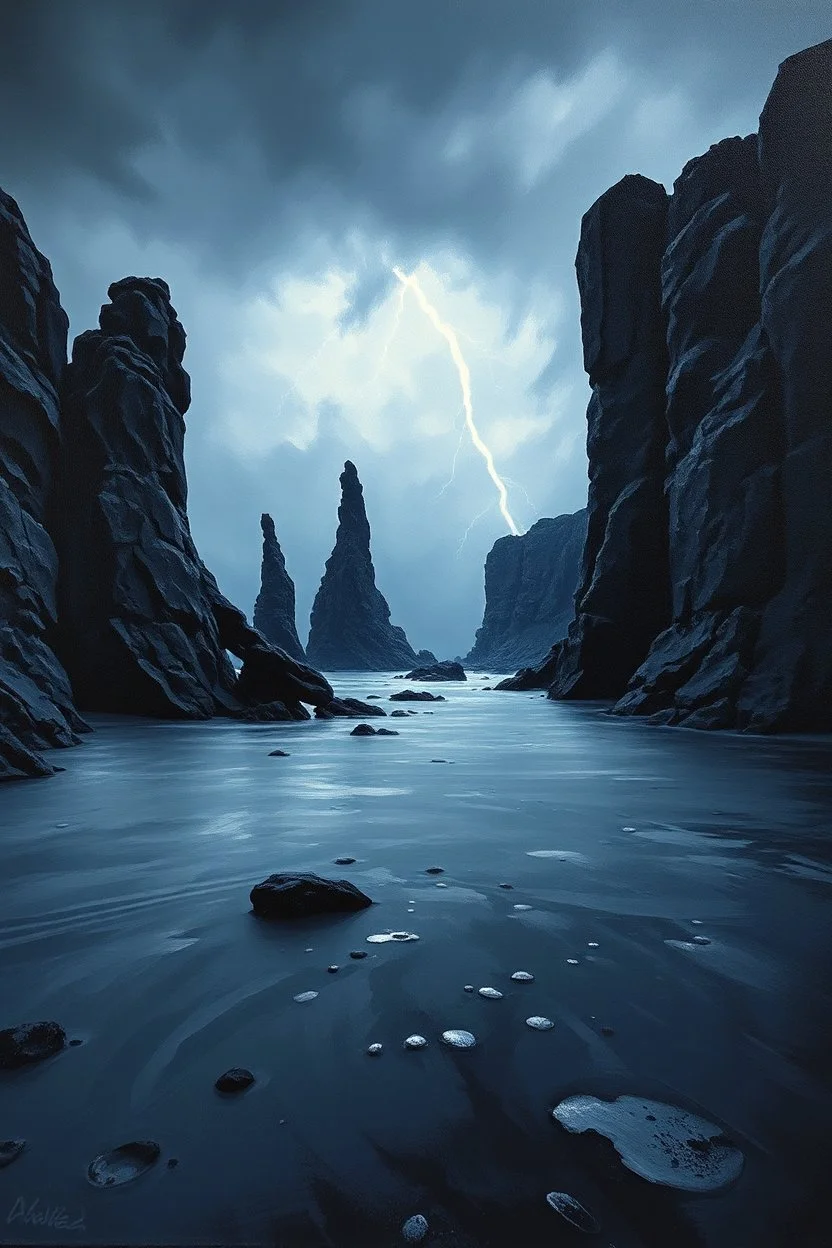 Reynisfjara Black Sand Beach, Iceland : A dramatic black sand beach with towering basalt columns, rendered in oil paint with thick impasto strokes to capture the rugged texture of the rocks. The sky is dark and stormy, with lightning illuminating the scene. Use a palette of cool tones to create a moody atmosphere, and incorporate a sense of awe and wonder through the dramatic contrast between the dark sky and the bright lightning. Rule of thirds, golden ratio, leading lines, balanced composition