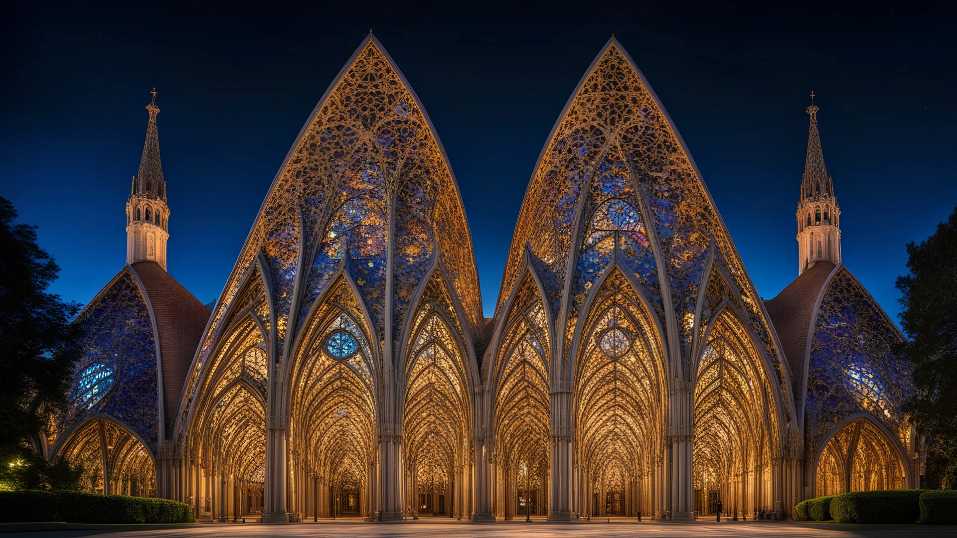 futuristic fantastic symmetrical cathedral external view in peaceful parkland, year 2160, night, darkness, beautiful, colorful, totally symmetrical design, style Antoni Gaudí, style Shigeru Ban, innovative architecture, award-winning photograph, awesome, serene, inspiring, spiritual, impressive, Cinematic lighting, Epic composition, Photorealism, Very high detail, Unreal Engine, Octane render, HDR