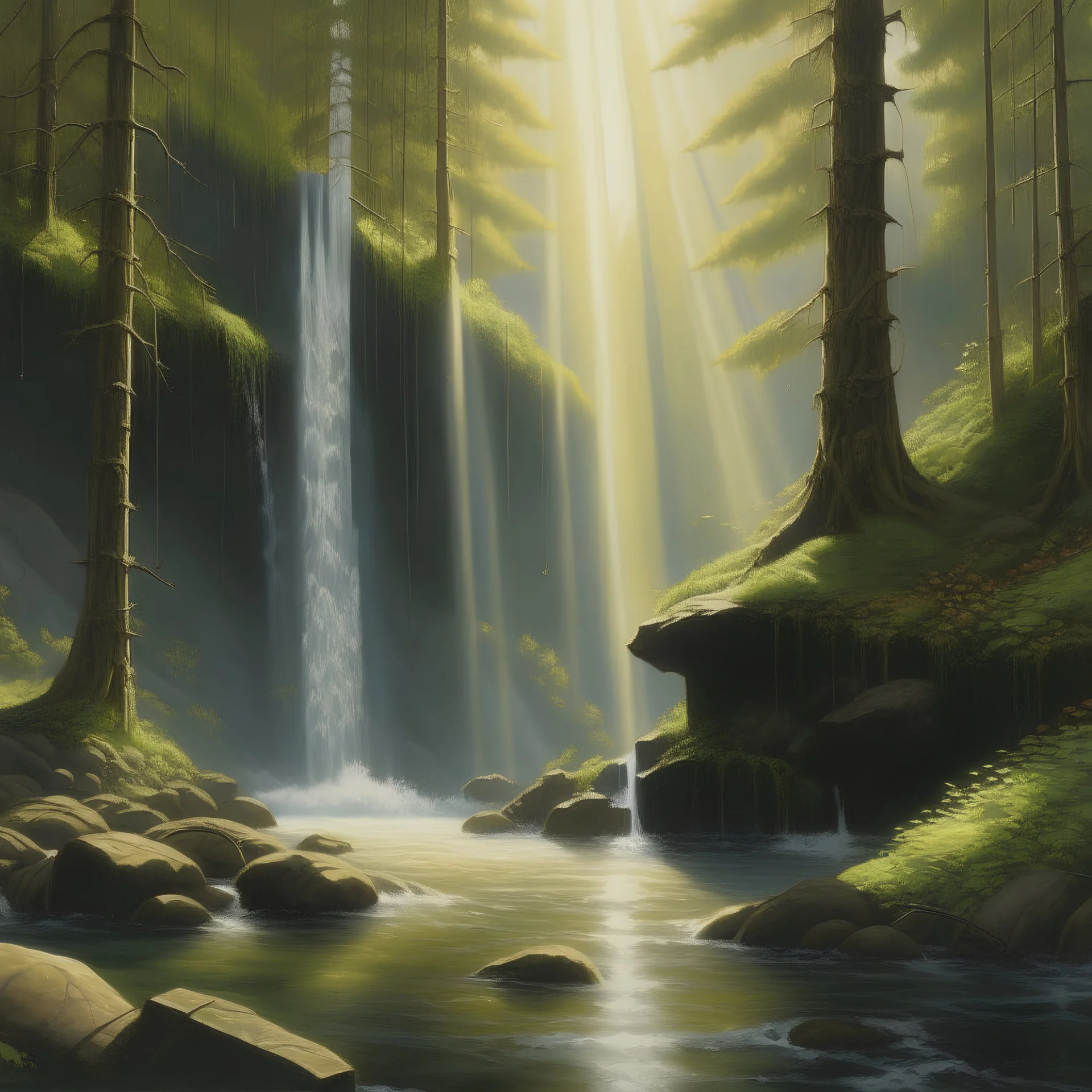 Artistic depiction of a cascading waterfall set against a backdrop of a dense forest, with sunlight filtering through the trees and creating a shimmer on the water.