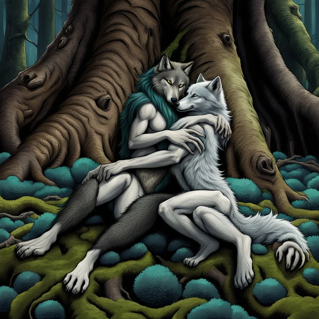 an anthropomorphic wolf-man hybrid in dark gray body hair and anthropomorphic wolf-female hybrid with pale gray body hair lie down hugging each other with paws on their backs on blue-green moss around brown huge trunks trees, raini day, high contrast, high detalied, high realistic, around in background giant tall alien trees, atmospheric, dark fantasy, sci-fi mood