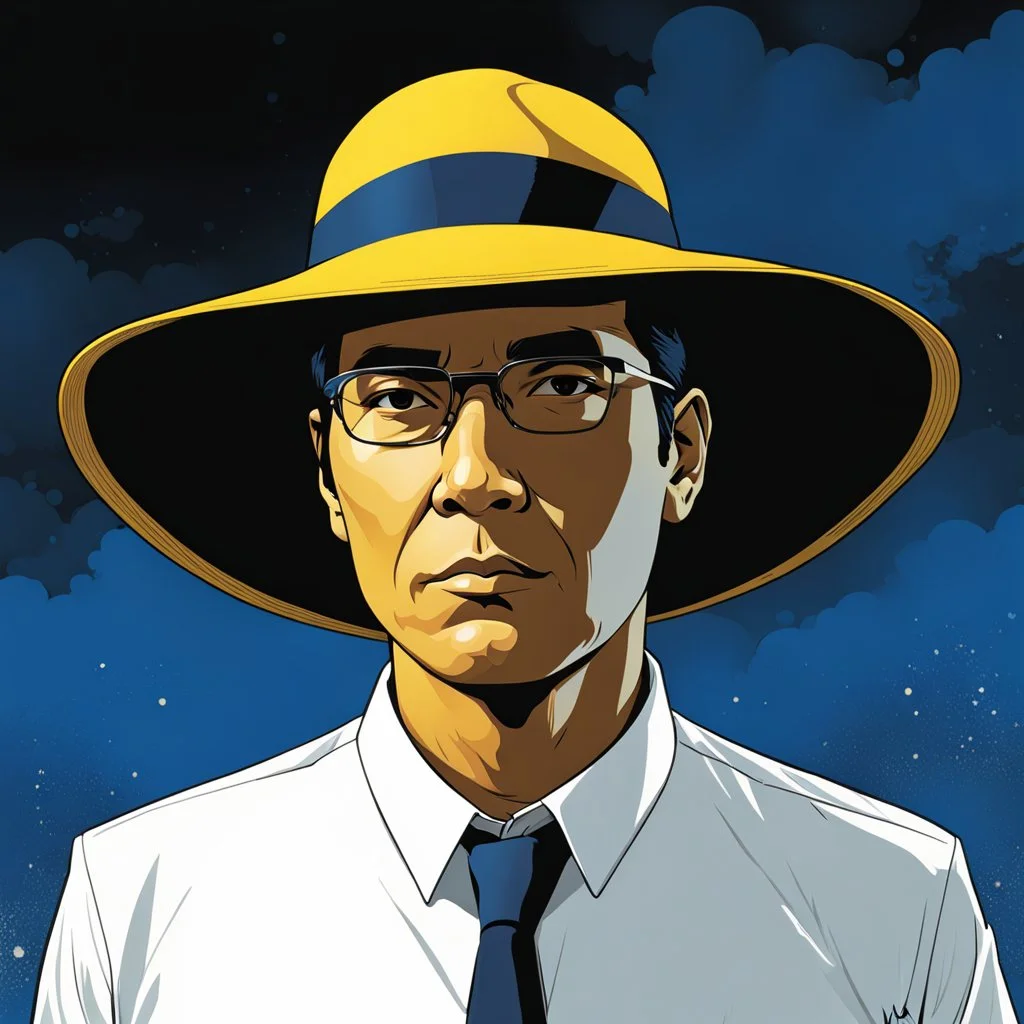 Gustavo Petro, comic style artwork, dark yellow, black and blue, wearing a wide-brimmed hat, wearing a white shirt, calm ando serious