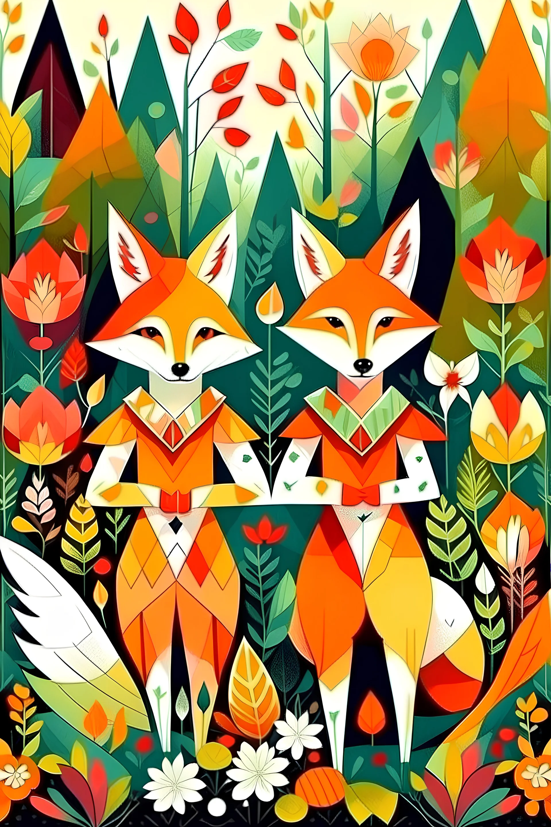 korean fox-ear lesbians in forest flowers geometric art girls