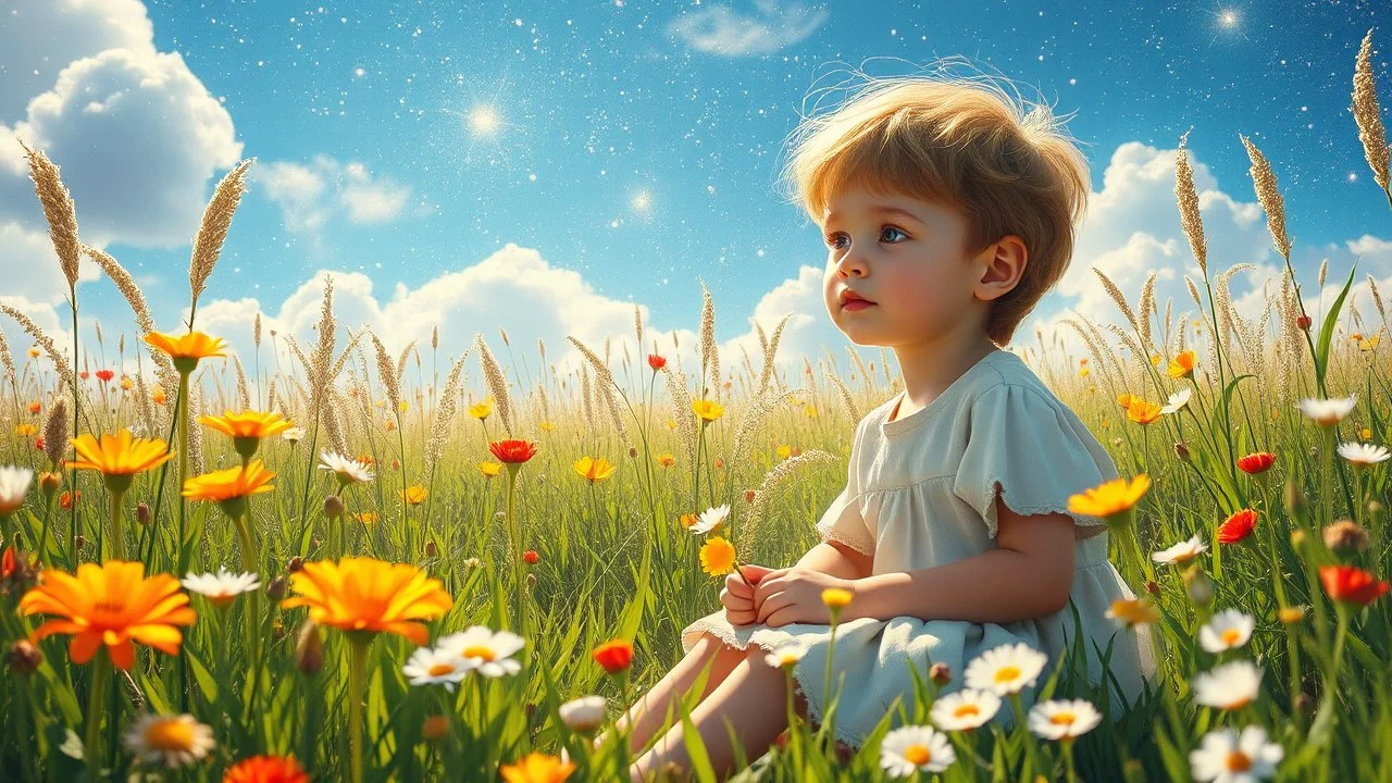 429. Dans son monde doux, l'enfant rêveur se perd, parmi les fleurs, les étoiles et le ciel clair. Son regard innocent, ses pensées envoûtées, dans un univers de beauté, à jamais émerveillé. Il imagine des châteaux dans les nuages, des lucioles jouant dans les prairies sauvages. Ses rêves sont comme des contes de fées, où chaque instant est un trésor à savourer. Son cœur pur bat au rythme de l'imagination, dans un océan de joie et de fascination. Car c'est dans ses rêves qu'il trouvera l'infini