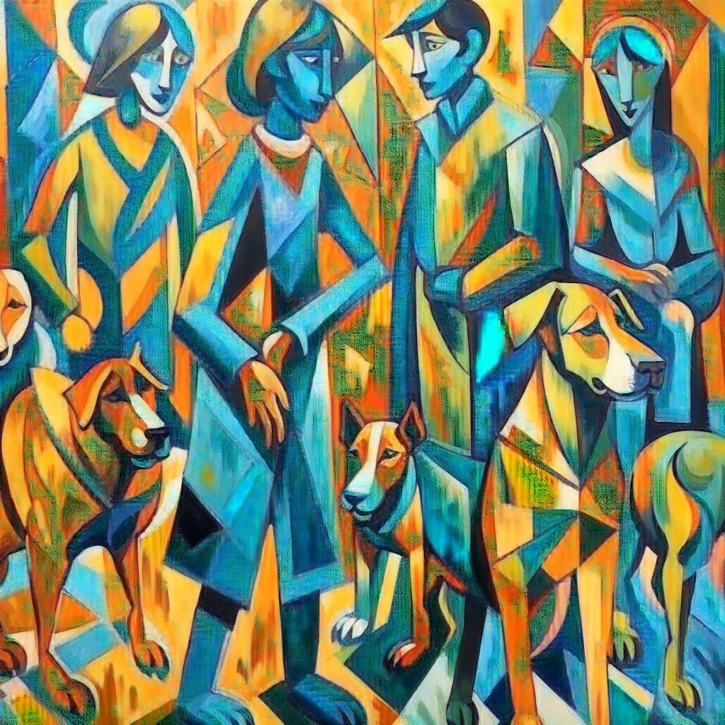 Cubist painting of humans and dogs standing next to each other in different colors and sizes, Cubist painting by Kees Maks, featured on dribble, informal art, cubism, picasso, art on instagram