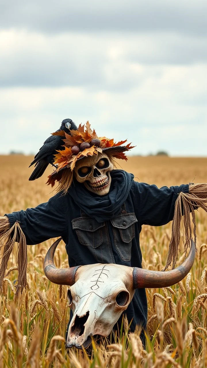 scarecrow with ugly scary face wearing a leaves hat and black clothes in by field of barely , crow is standing on his shoulders and a bull scull on the ground