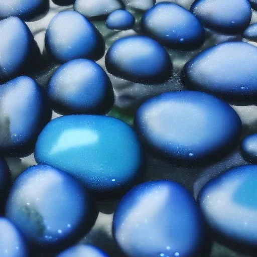 Blue raindrops on a rock, close up view, photo quality, stone marble, ultra realistic, light and shadow and reflections flower in the middle