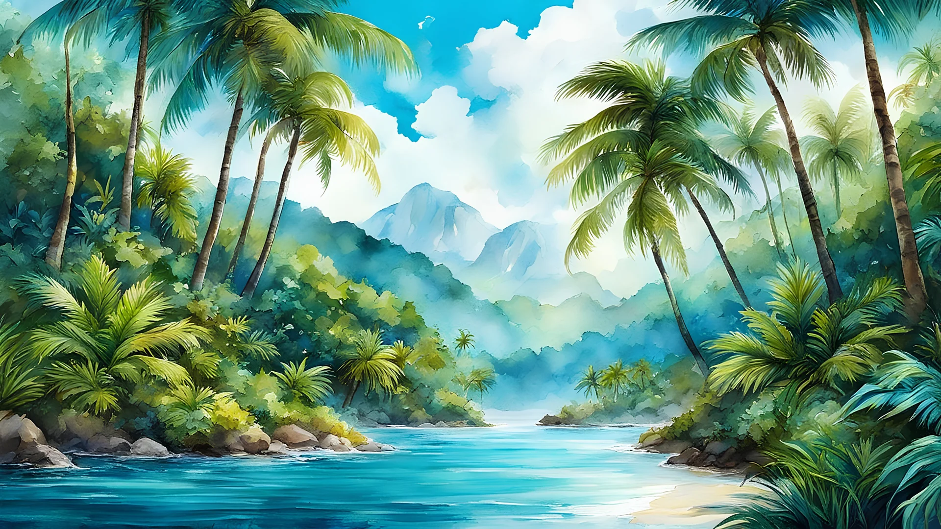 with palm trees and turquoise water watercolor royalblue green white flowers, a Pinas forest. Incredibly detailed, ultra high resolution, 8k, great depth of field, clear images, beautiful light, warm light, sharp edges