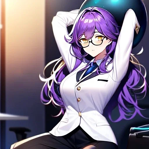 Clear focus, 8k, high quality, detailed, beautiful lighting, girl, vibrant colors, purple long hair, vibrant golden eyes, office clothes, glasses, messy hair, sitting, stretching, arms above head,