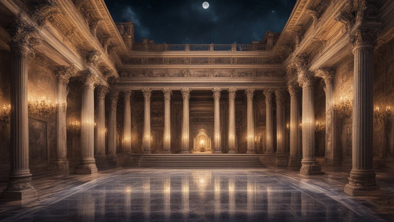 symmetrical night-time view inside a palace in ancient Rome showing rooms, halls, courtyards, sparkling fountains, night, many lamps, perfect symmetry, luxury, magnificent, marble statues, coloured pictorial tapestries, paintings, dream world, calm beauty, symmetry, fantasy world, magic, splendor, uplifting, inspiring, therapeutic, chiaroscuro, color, award-winning colour photograph, beautiful composition, exquisite detail, Nikon 135mm